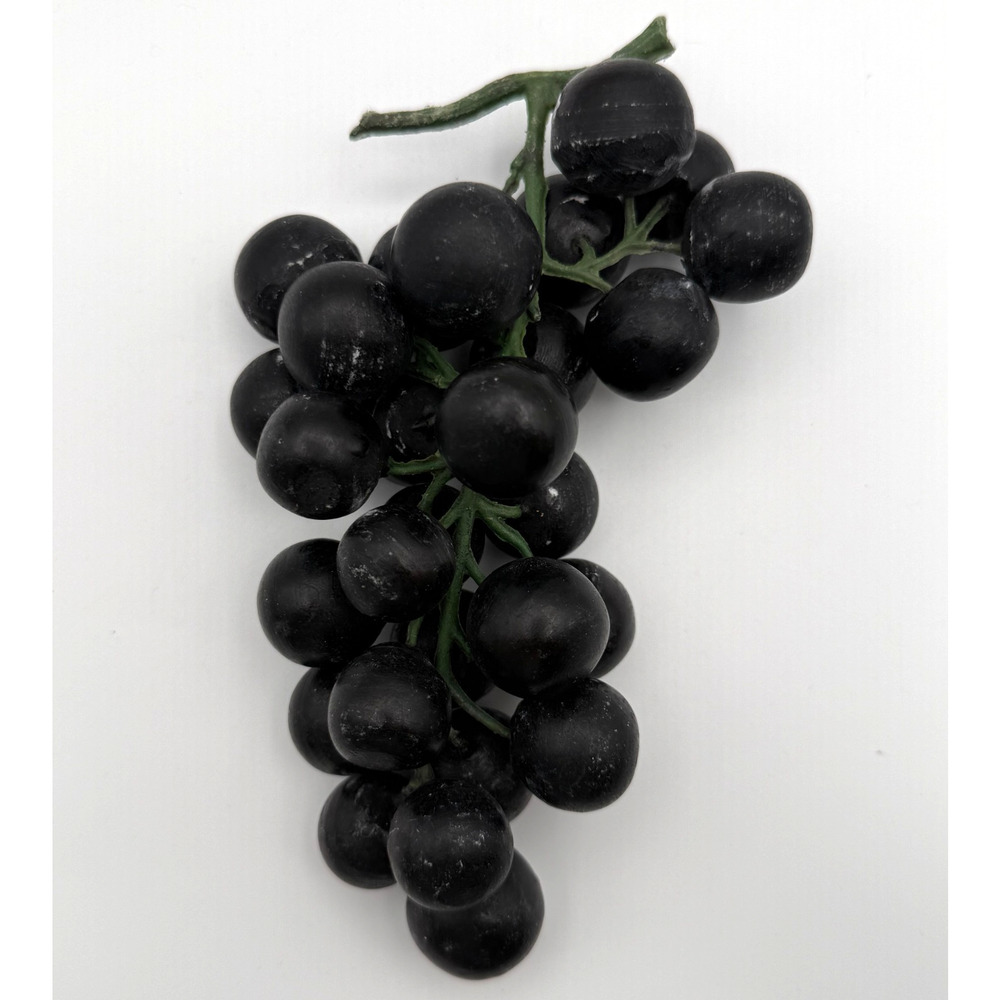 Alabaster Stone Black Grape Cluster + Plastic Vines Realistic Fruit Vintage MCM